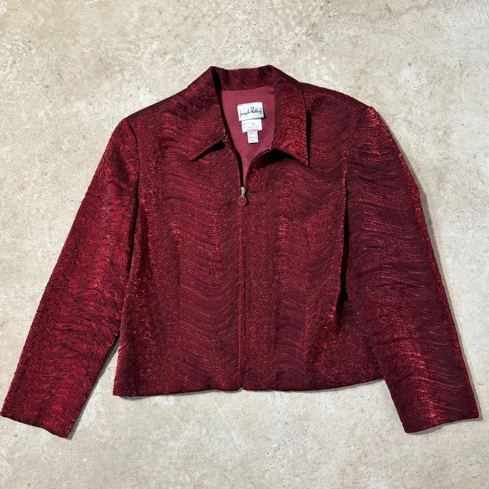 Vintage Joseph Ribkoff Red Textured Jacket Women’s Size 16 Zipper Closure